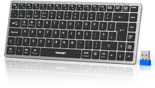 TECKNET 2.4G Wireless Keyboard, Rechargeable Bluetooth Keyboard for 4 Multi Devices, QWERTY UK Layout Compact Mini keypad, Small Silent Keys for Laptop, Phone, Smart TV, Computer, Tablet - Silver