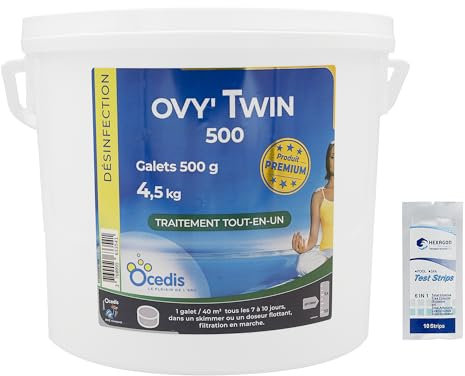 OCEDIS OVY'TWIN 500 Galets 500g - 4,5kg | Chlore Lent Stabilisé Multiaction - Non Comburant - Désinfection Régulière Multifonction avec Action Choc - Dissolution Lente + 10 Tests HPS OFFERTS 6 en 1