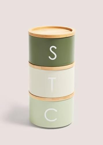 Green Metal Tea Coffee & Sugar Stackable Canisters With Air Tight Wooden Lid Kitchen Storage Canisters Set (Green)