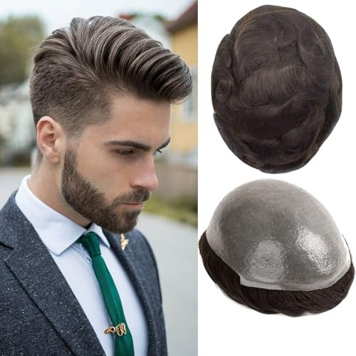 Ehairc Toupet für Männer 0,04 Dünne Haut Doppelte Knoten 100% Echthaar System für Männer Perücken Herren Toupet Langlebiges Herren Toupet Echthaar Basisgröße 8x10 Zoll 120% Dichte（3#）