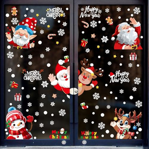 Joogee 123 Piezas Pegatinas de Navidad - 9 Hojas de Decoraciones para Ventanas, Adhesivos de PVC Estático para Fiesta de Invierno, Copos de Nieve