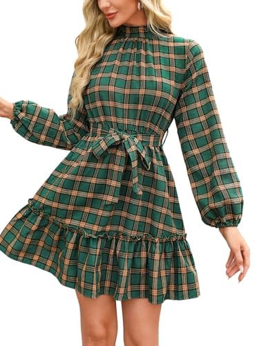CUPSHE Damen Kleid Plaid High Neck Langarm Freizeitkleider Kariert Party Tunika Mini Dress Grün M