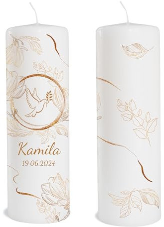 Kerze Taufe individuell mit Name und Zahl als Tischdeko. Tischdekoration Taufe als Geschenk. Liebevolle Kerze Taube Blume Brenndauer: 55 Stunden, Ø7,8 x Höhe 25 cm