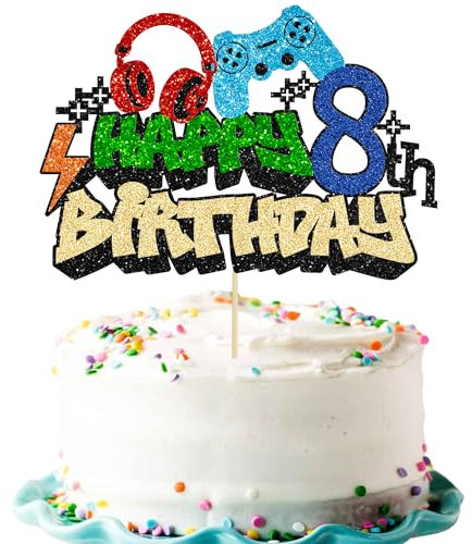 Gyufise 1Pcs Video Game Happy 8th Birthday Cake Topper Glitter Video Game Cake Pick Game On Controllers Tenth Cheers to 8 Years Cake Decoration for Boys 8th Birthday Party Supplies