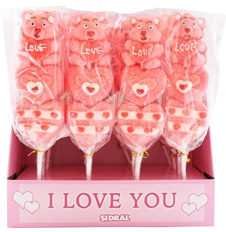 SIDRAL .16 Pinchos Marshmallow Sabor Fresa (45 g) – Piruletas, Chuches San Valentín, Kit de Chuches Sin Gluten, Regalos Parejas (Pinchos ositos)