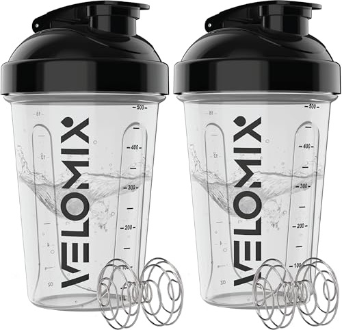 VELOMIX 2 Pack 600ml Protein Shaker Bottle, Clear Prime | 2x Wire Mix Ball, Leak Proof Shaker Cups for Protein Shakes, BPA Free, Dishwasher Safe, Gym and Pre Workout