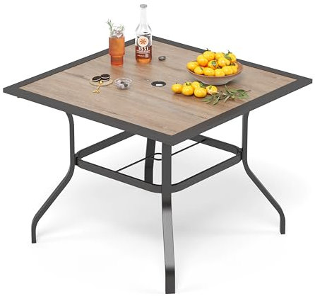 PHI VILLA Gartentisch 94x94 cm, Terrassen Esstisch, Outdoor-Esstisch, Schirmtisch mit 4 cm Regenschirmloch, Stahlrahmen mit Premium-PVC-Tischplatte für Terrasse, Balkon, Garten
