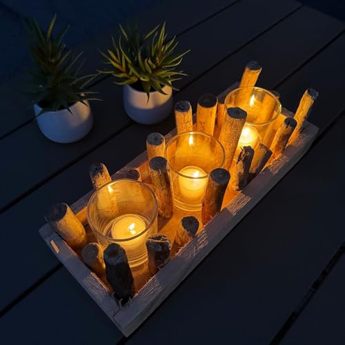 Teelichthalter, Kerzenständer aus Treibholz mit Glaseinsätzen - Maritime Dekoration für Frühling, Sommer, Terrasse und Balkon - 36 bis 46 cm groß (36 cm)