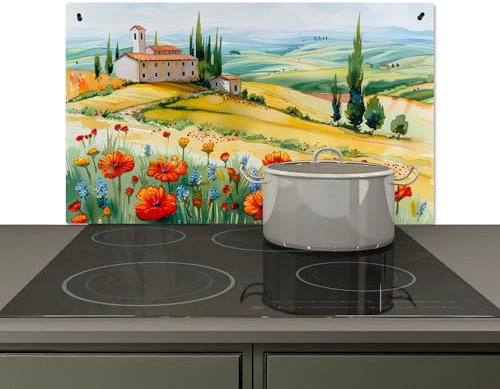 KitchenYeah© Spritzschutz Küchenrückwand Vinyl 91x52 cm Küche Deko Wandschutz Wandverkleidung, Cerankochfeld Abdeckung Blumen - Landschaft - Natur - Gemaltes Aussehen