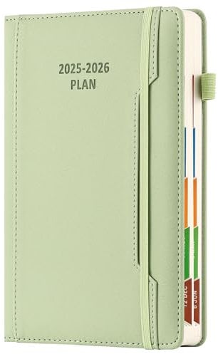 Akademischer Terminplaner, Jahr 2025–26, A5, Seite pro Tag, Mitte Jahr, Juli 2025 bis Juni 2026, Hardcover Agenda mit Stifthalter, Vordertasche, buntes Monatstab, Gummibandverschluss, Grün