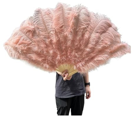 AMEEDA Ostrich feather fan Large 13 Bone Fuffly Feathers Fans 100CM 130CM Rose Red Handheld Plumes fan for Wedding Party Stage Performance Props(25 Leather pink,Right hand 100CM)