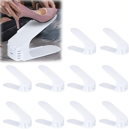VANCHEMO Verstellbares Schuhregal 10 Stück, Schuhstapler, Schuh-Organizer, platzsparendes Set aus rutschfestem Kunststoff, 3-fach höhenverstellbar, Weiß