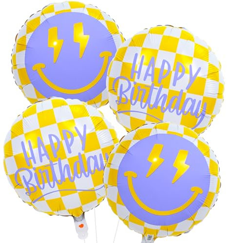 Folienballons mit lächelndem Gesicht, 45,7 cm, Gelb / Weiß kariert, lächelndes Gesicht mit Blitzaugen, Mylar-Helium, runder Ballon für Teenager, Jungen, Mädchen, One Happy Great Dude, Geburtstag