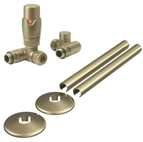 Dual Fuel Thermostatic Radiator Valve Brushed Brass Corner - 1/2 x 15mm with Clip-on Pipe Covers and Collars