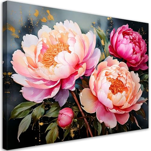 Feeby Bild auf Leinwand - Wandbilder Wohnzimmer Aesthetic - Moderne Pfingstrosen Blumen - 90x60 1tlg - Schlafzimmer Wandekoration - Bilder Zimmer - Living Room - Deko Wandbilder - Moderne Bild