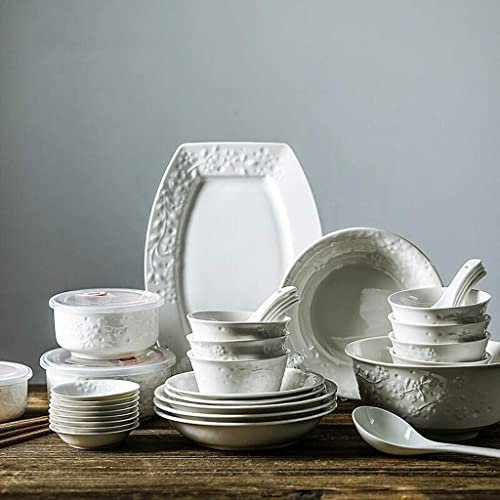 DLAZUM Vajilla de cerámica, Cuenco, Plato, vajilla de 44 Piezas con Estampado en Relieve, Color Blanco, Ideal para Fiestas Familiares y restaurantes.