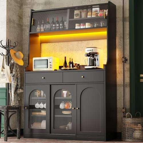 Seyakany Buffet avec étagères réglables, 120x40x180cm, Meuble de Cuisine avec 2 tiroirs et Portes coulissantes, Meuble Haut avec éclairage LED, Couleur de lumière Variable, Vitrine, Noir