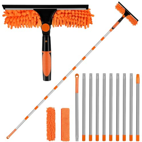 4.5m Fensterwischer mit Teleskopstiel, 2 in 1 24cm~450cm Extra Lange Fensterreiniger mit Langem Griff, Profi Teleskop Fensterwischer Abzieher Set für Hohe Fenster Glas Fenster Putzen, Orange