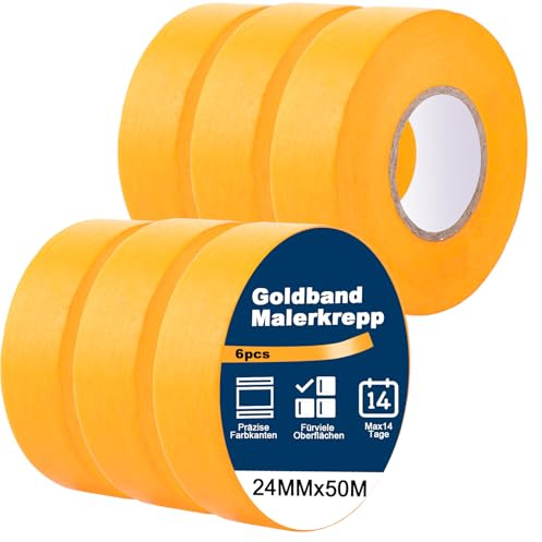 LDXDRU 6x Premium Goldband Kreppband, 24MMx50M Malerkrepp aus Premium Washi Tape, Maler Abklebeband für präzise Farbkanten, rückstandsfreies Profi- Abdeckband, Streichen und Lackieren
