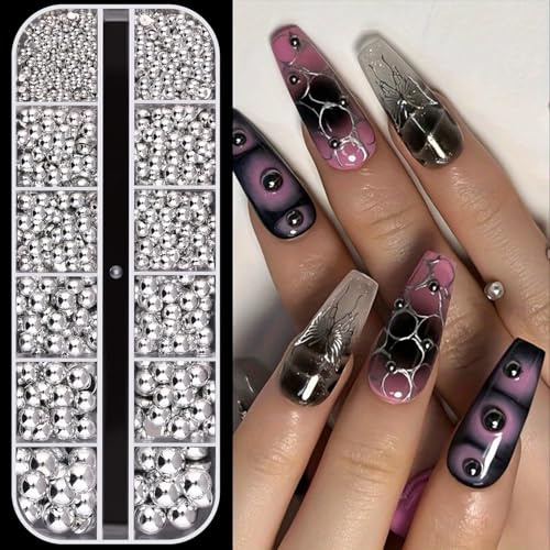 GZMAYUEN Silber Halbperlen für Nägel, Silber Nagel Gems Steine, 3D Flatback Perlen Schmucksteine Goldperlen für Nageldesign