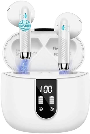 Admitir Versatile Wireless Earbuds, Bluetooth 5.4, 56H Battery Life, 4 ENC Mics, IP7 Waterproof, Touch Control, LED Display (White)