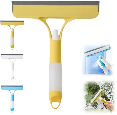3 in 1 Window Cleaning Scraper, Squeegee and Scrubber with Spray, Window Squeegee Glass Cleaning Wiper, Squeegee for Shower Glass Spray Function, Cleaning Car Windshields,for Car Home Kitchen (Yellow)
