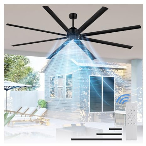 [HVLS]96 Inch Industrial Ceiling Fan, Extra Large Commercial Big Assed Ceiling Fan, 8 Aluminum Blades, Reversible DC Motor, Remote Control with 6 Speeds, 3 Downrods, for Shop, Garage, Gym, Black