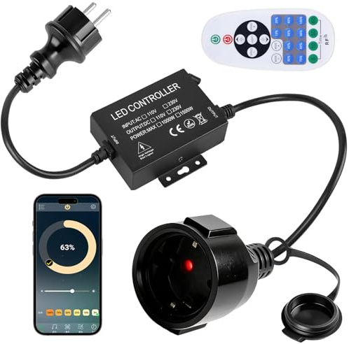 Catena luminosa a LED da 1500 W, con telecomando, AC 220 – 240 V, interruttore plug-in, dimmer per strisce luminose e lampade dimmerabili, Bluetooth, telecomando a 23 tasti + interruttore temporale