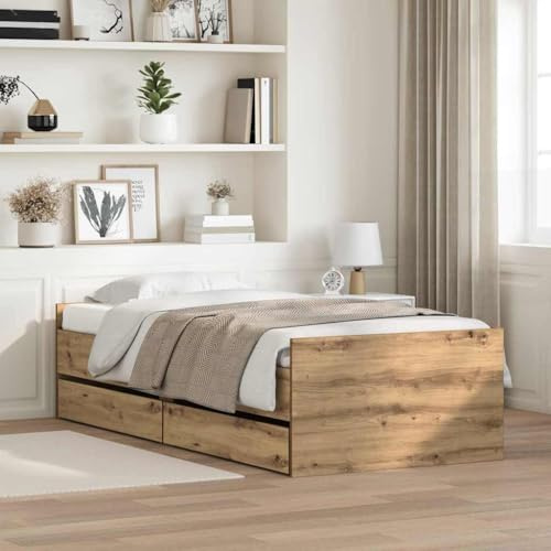 Mandloder Bettrahmen Artisan-Eiche 90x200 cm, Massives Kiefernholz Einzelbettgestell mit Lattenrost, Langlebiges Modernes Bett für Schlafzimmer, 203x93x50 cm