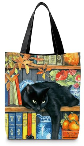 Fychuo Geschenke für Katzenliebhaber Stofftasche 40x35cm, Schwarze Katze Einkaufstasche, Doppelseitig Bedruckte Baumwolltasche für Damen, Stoffbeutel für Einkauf, Arbeit, Geschenke für Leseratten