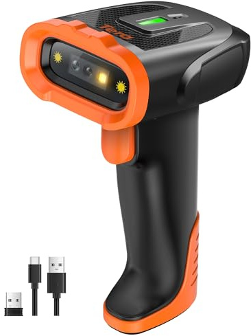 Tera Barcode Scanner 2D Wireless Handheld: 2200mAh Lithium-Polymer, D5300 | BT 2.4G USB, 1D 2D QR, Global CMOS, Instant or Storage Upload, Prefix Suffix, Retail, Warehouse, Library, School, Orange