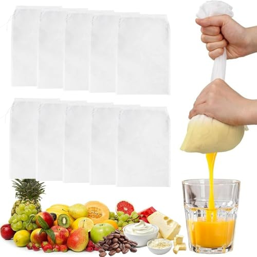ZXTGBQ 10 PièCes Sac à Lait De Noix Nylon, 20×30 Cm Sacs Filtrants En Nylon, Filtre Lait VéGéTal Reutilisable, Tissu Passoire, Filtre à Laitde Soja, Pour Jus De LéGumes Et Fruits, Café, Thé, Fromage