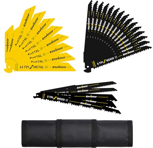 ENVENTOR reciprocating saw blades, 32-Piece HCS/BIM, 100-240mm, 3-24 TPI | 32 HCS and bi-metal blades, 100-240 mm and 3-24 TPI, for wood, pruning and thin metal; 600D 9-slot pouch included.