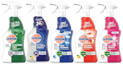 Sagrotan 5er Reinigungsset – Allzweckreiniger Grüner Apfel & 24h Schutz Zitrus, Küchenreiniger, Badreiniger & Schimmelentferner, 4 x 750 ml + 1 x 600 ml