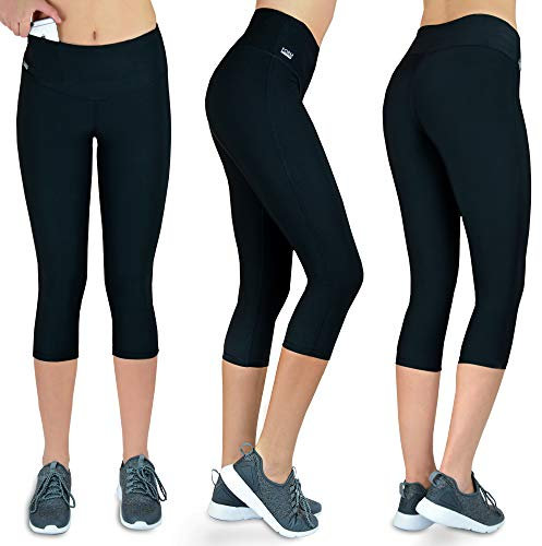 Formbelt Laufhose Damen 3/4 kurz, Sportleggins 3 4 Damen mit Handytasche high Waist Tights mit hohem Bund Dreiviertel Capri Sport Leggings schwarz, S