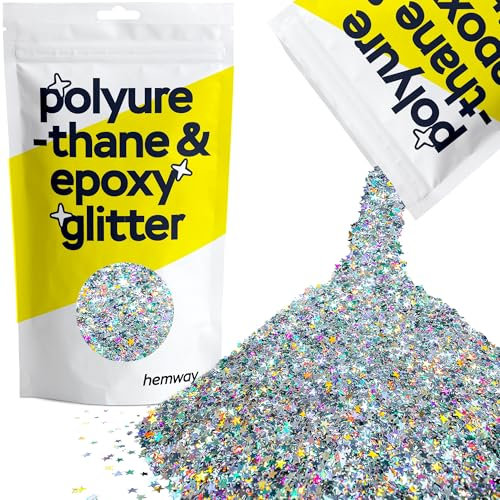 Hemway Polyurethane & Epoxy Glitter - Silver Holographic Stars | Metallic Flake Sequins for Resin Crafts | Craft Supplies for Tumblers, Candles, Coasters, Glass & Floor Art Decoration | 500 g