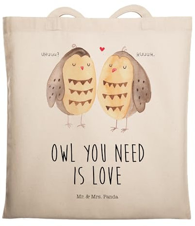 Mr. & Mrs. Panda Tragetasche Eulen Liebe - Geschenk, Eule Deko, Liebe Spruch, Liebesgeschenk, Einkaufstasche, Shopper, glücklich, Laptoptasche,