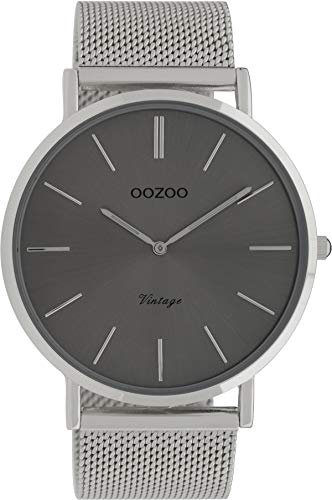 Oozoo Vintage Armbanduhr mit Edelstahl Milanaise Metallband 44 MM Silbergrau/Silberfarben C9936