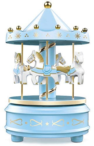 WEofferwhatYOUwant Carillon Giostra Cavalli Blu - Maneggio Musicale con Luci LED Colorate - Suona für Elise di Beethoven - Carica Facile Tempo Lungo - Decorazione Torta Compleanno Bambina Bambino