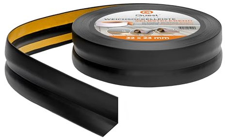 Quest Weichsockelleiste Selbstklebend, PVC Sockelleiste, Abschlussleiste - 32 mm x 23 mm - Flexible Knickleiste für Innenbereich, Wand, Boden - Dicht, Dekorativ - 25 Meter, Schwarz