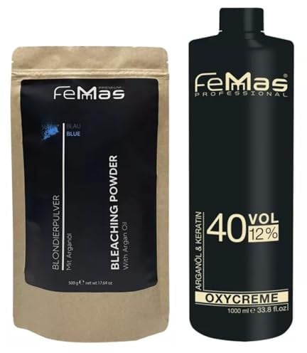 FeMmas Blondier-Set 12% I Blaues Blondierpulver 500g & Oxycreme Entwickler 1000 ml I Perfektes Starterset für die Aufhellung zuhause I Für eine Blondierung um bis zu 9 Tonstufen in Salon-Qualität