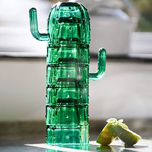Set of 6 | Handmade Stacking Saguaro Cactus Drinking Glasses | Natural Green Glass | Retro Fun Quirky Gift Present | Dinner Party Cocktail Water Juice Coffee Mugs Cups | 6PCS 250ml