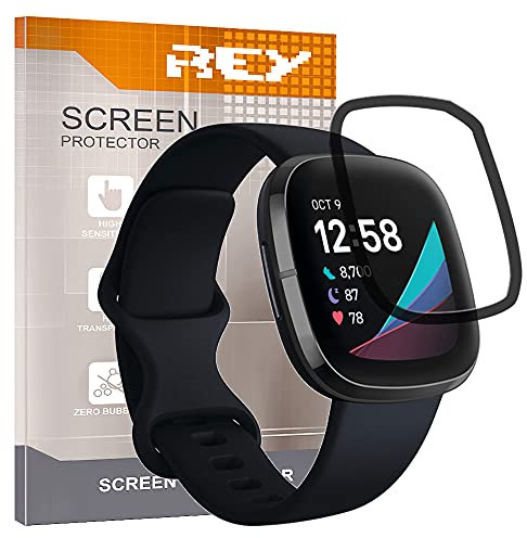REY Pack 2X 3D Bildschirmschutz aus gehärtetem Glas für Fitbit Sense- Fitbit Versa 3, Schwarz, Displayschutzfolie 9H+ Härte, Anti-Kratzen-Öl-Bläschen, Voller Schutz, 3D, 4D, 5D