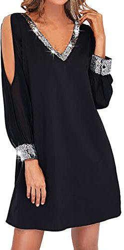 AMhomely Women's Elegant Midi Dress - Sexy Casual V-Neck Long Sleeve Mini Black Dress for Summer -