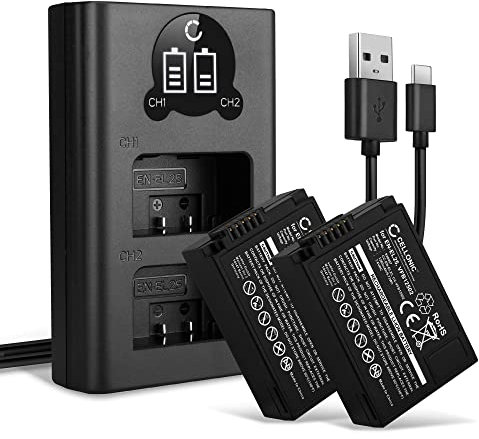 CELLONIC, Battery for Camera compatible with Nikon EN-EL25, Z 50, Z fc, MH-32, Z 30, VFB12502 (7.6V, 1280mAh) 2 Pieces + Dual Charger