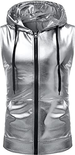 PARKLEES Herren Hipster Metallic Pailletten Reißverschluss Ärmellos Kapuzenweste T-Shirt mit Kängurutasche