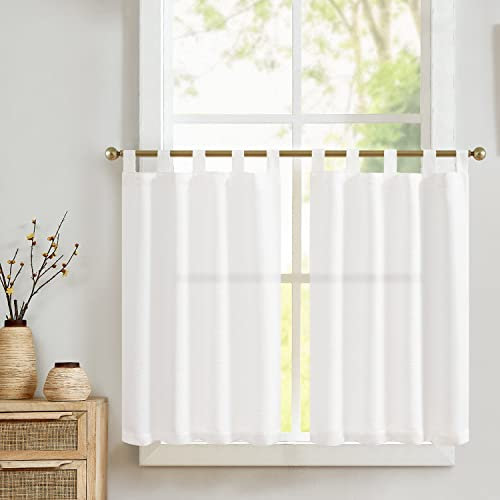 Vangao Scheibengardinen Modern Küche Weiß Bistrogardine 2er Set 70Bx90H cm mit Schlaufen Gardinen Kurz Halbtransparente Leinenoptik Küchengardinen für Kleine Fenster Wohnmobil Küchenfenster