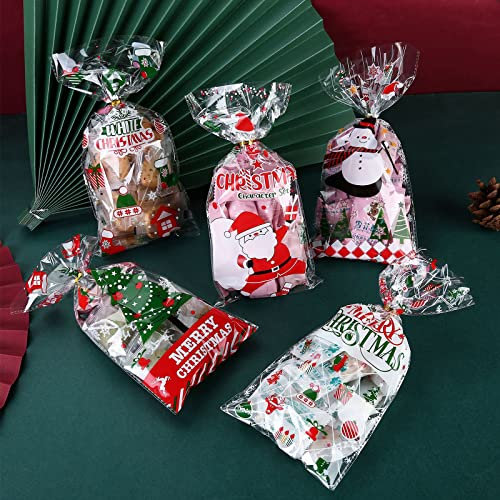 100 Pièces Sachet Plastique Cadeau Noel Transparent, pour Biscuits Bonbons Gâteaux Chocolat, Sacs Cadeaux Père Noël Renne Bonhomme de Neige Fête Sac