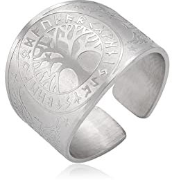 Amaxer Viking Raven Compass Vegvisir Anello per uomo Albero della Vita Futhark Runes Scandinavn Odino Simbolo Norse Mitologia Protezione Anello regolabile per uomini e donne, Acciaio inossidabile