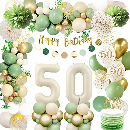 50 Geburtstag Deko Frauen,Geburtstagsdeko 50 Männer,50 Geburtstag Luftballon Grün Gold mit Happy Birthday Banner,Pompoms für Frau Mann Luftballon50